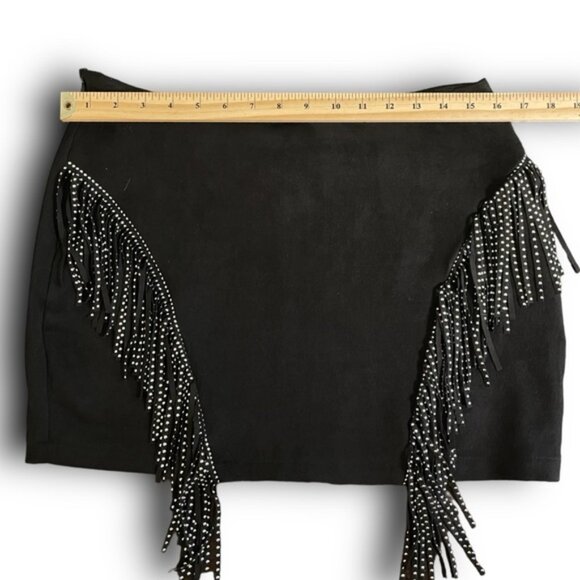 Black Faux Suede Western Mini Skirt Metallic Beaded Fringe Cowgirl Rocker Sz L - Picture 5 of 12